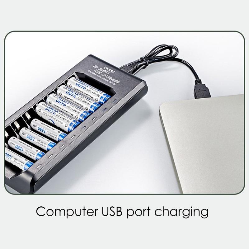 Bộ sạc pin 5V 2A, sạc nhanh, dành cho pin AA / AAA, với 5 / 8 khe cắm, bộ sạc USB 6