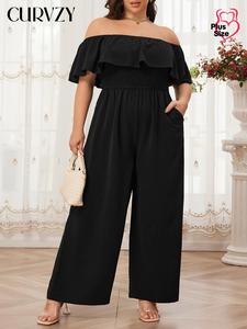 CURVZY Plus Size Plain Ruffle Off Shoulder Shirred Jumpsuit, Elegant Casual Pocket Wide Leg Jumpsuit for Summer, Women's Clothing for Daily Wear