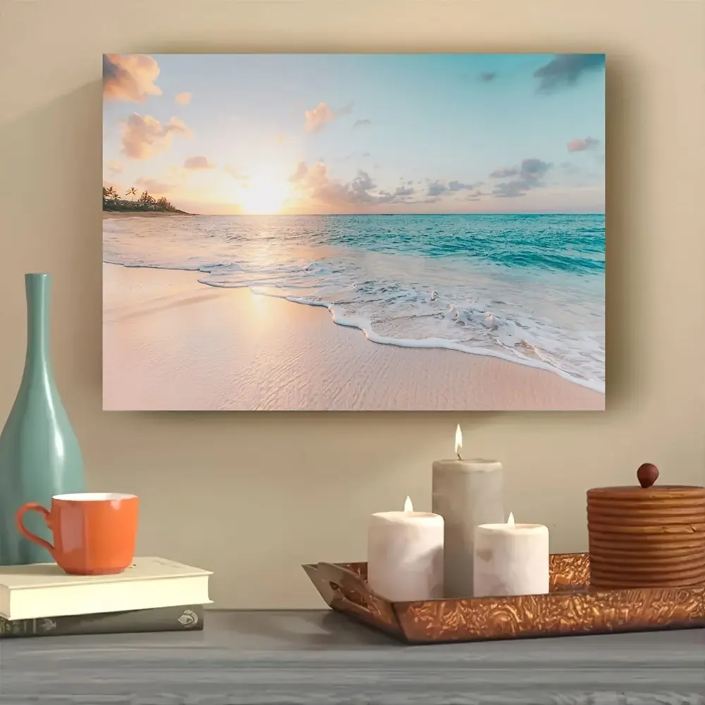 1 Piece Frameless Canvas Wall Art, Beach Sunset Seascape, 31.49x47.24 inches (80x120cm ), Modern Seascape Print, for Living Room and Bedroom Decoration, Frameless