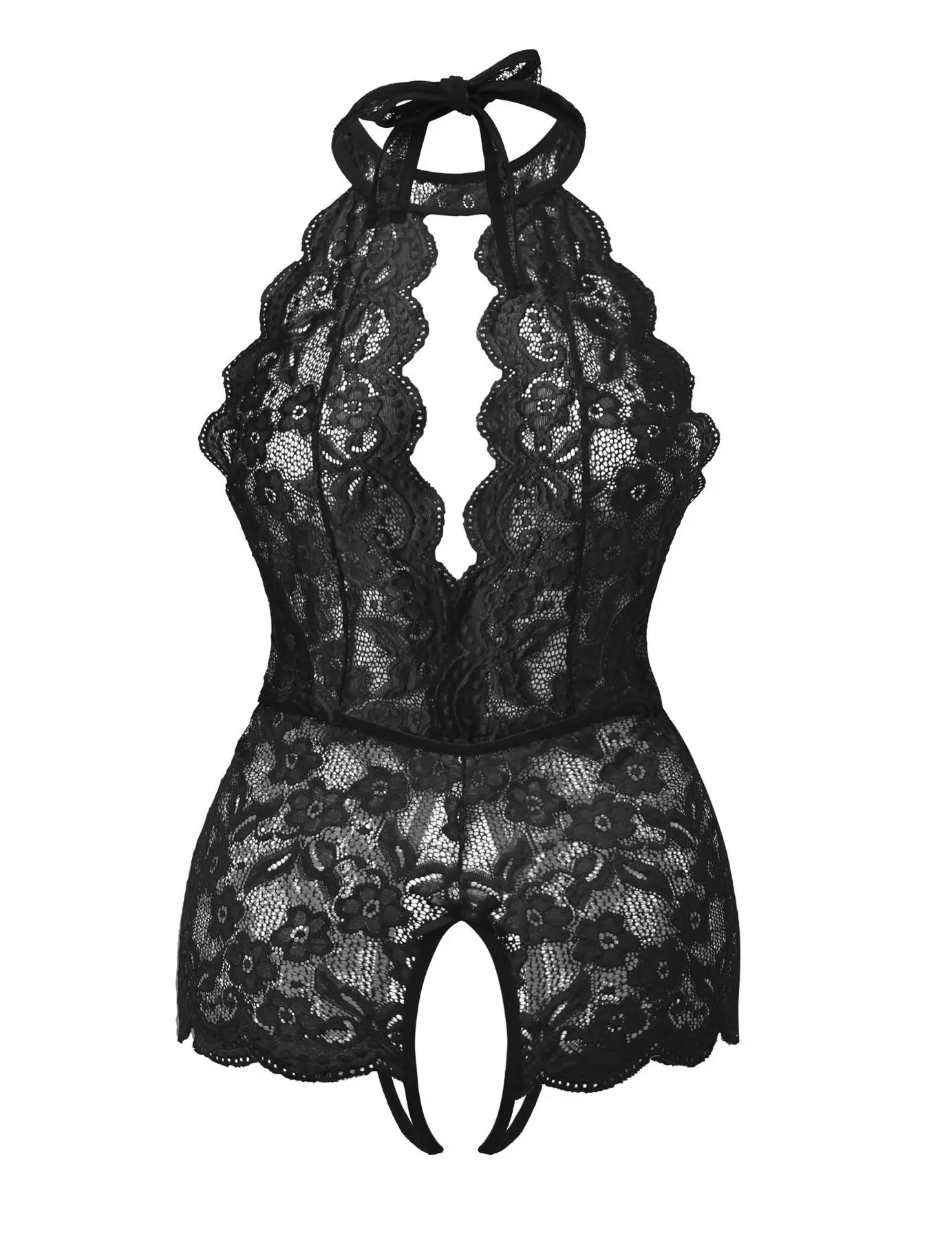 Plus Size Plain Floral Lace Scallop Trim Halter Neck Backless Sheer Sexy Lingerie Bodysuit, Elegant Sexy Tie Back Bodysuit for All Seasons, Women's Plus Size Sexy Underwear