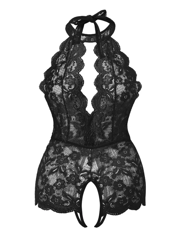 Plus Size Plain Floral Lace Scallop Trim Halter Neck Backless Sheer Sexy Lingerie Bodysuit, Elegant Sexy Tie Back Bodysuit for All Seasons, Women's Plus Size Sexy Underwear 0