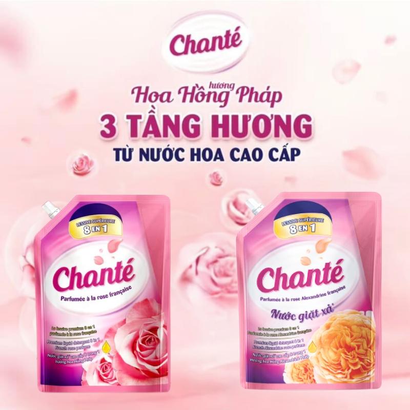 Nước giặt xả Chanté cao cấp 8 trong 1 (3.05kg-3.1kg/Túi) - Hương hoa hồng Pháp. Túi Giặt chanté lưu hương 72h