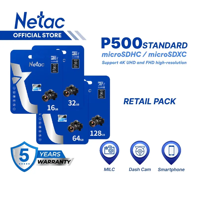 Netac MicroSD P500 Standard MicroSDHC / MicroSDXC 8GB/16GB/32GB/64GB/128GB UHS-I Class 10 up to 90MB/s Retail Pack Card 0