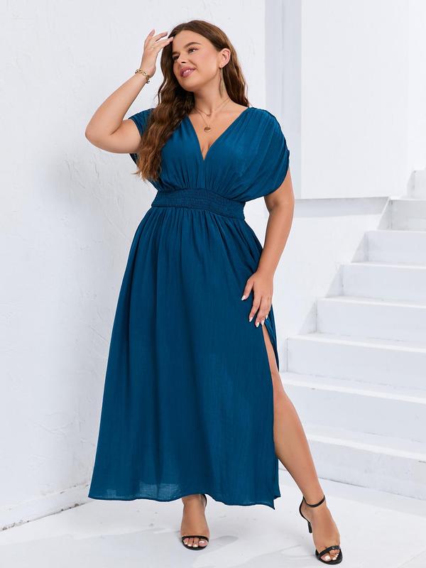 【Plus Size】 Plain Ruched Shirred Split Thigh Tie Back A Line Dress, Casual Deep V Neck Batwing Sleeve High Waist Dress for Party Holiday Wedding Guest, Women's  Clothing for Summer 2