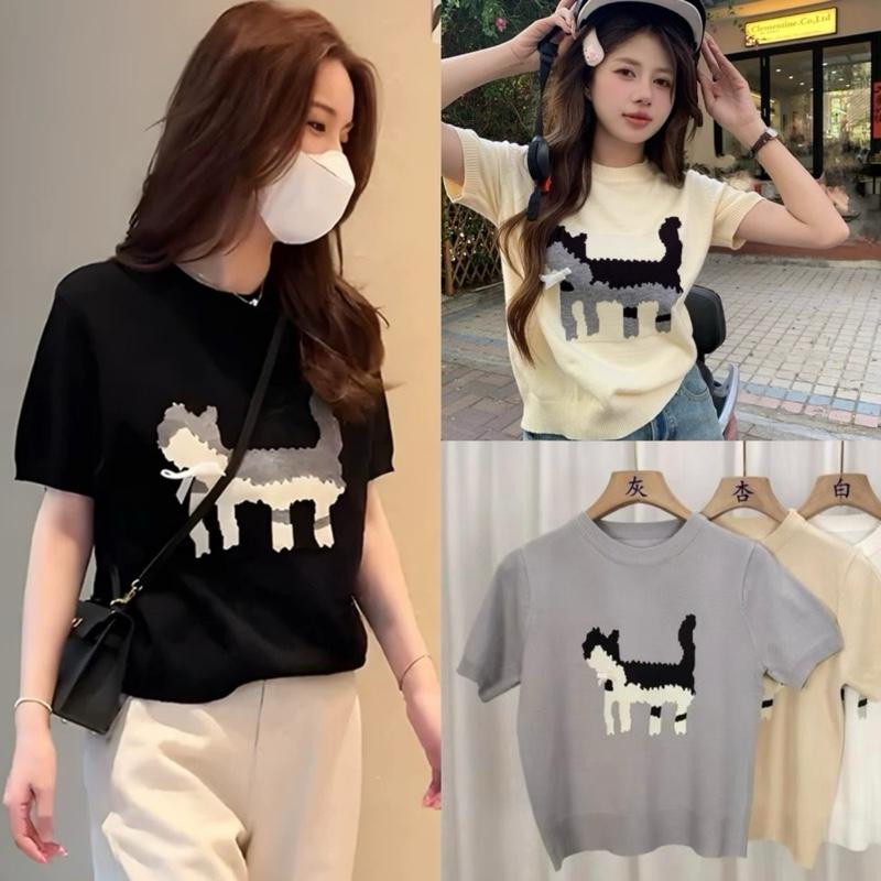 ￼Áo thun len dệt kim tay ngắn nữ kiểu cổ tròn thắt nơ mèo con Áo len mongtoghi tay cộc dáng basic QC
