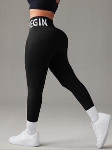 Leggings deportivos de cintura alta para mujer en color sólido con patrón de letras, de alta elasticidad, cómodos y transpirables, con control de abdomen y levantamiento de glúteos, ropa deportiva para damas para uso interior y exterior