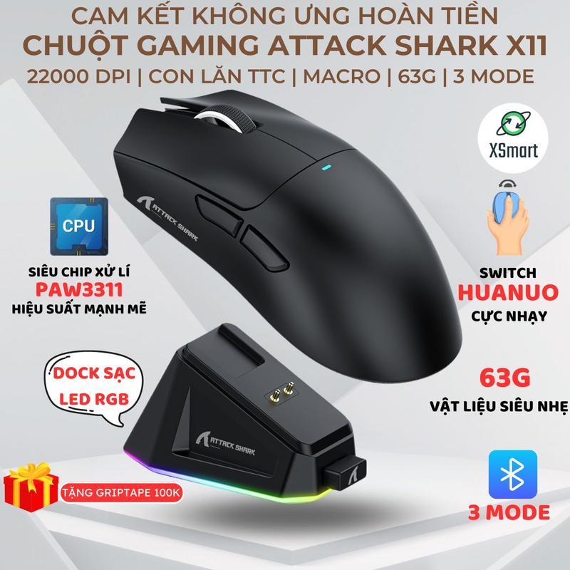 Chuột Gaming Không Dây Bluetooth Attack Shark X11 Chip PRO PAW3311 Có Dock Sạc LED, 22000 DPI Dùng Cho Pc Laptop Ipa