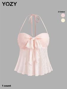 YOZY Women's Solid Color Bow Decor Lace Halter Top, Casual Y2K Sleeveless Top for Daily Wear, Ladies Clothes for Summer