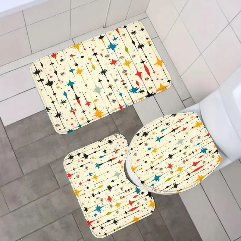 Star Print Shower Curtain Set, 1/4 Counts Including Shower Curtain & U-shaped Mat & Toilet Lid Cover & Bath Mat, Bathroom Accessories with Hooks 6