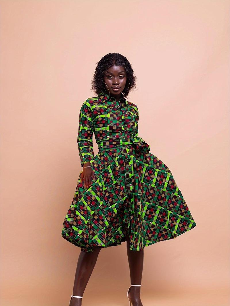 Product Introduction of 【Plus Size】 Geometric Print A Line Dress, Elegant Long Sleeve Collared Dress for Daily Outdoor Wear, Women Plus Clothing for Spring 8