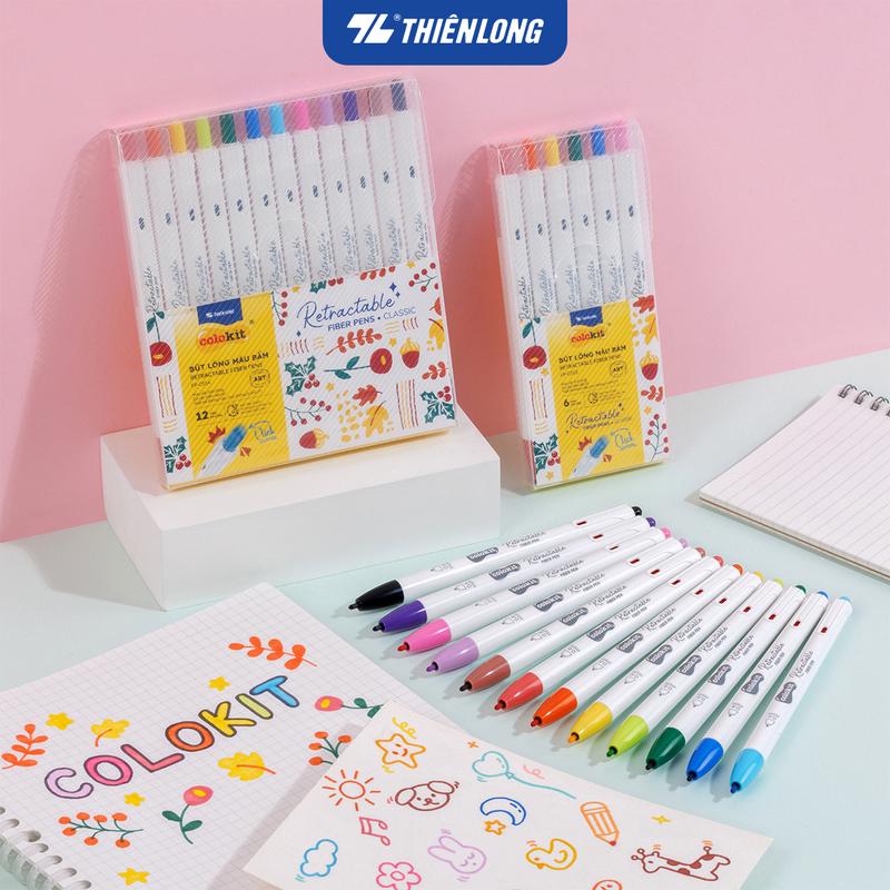  Bút lông màu bấm 6 12 màu Retractable Fiber Pens - Bút màu lông calligraphy Thiên Long Colokit 0.6mm Classic và Kawaii 