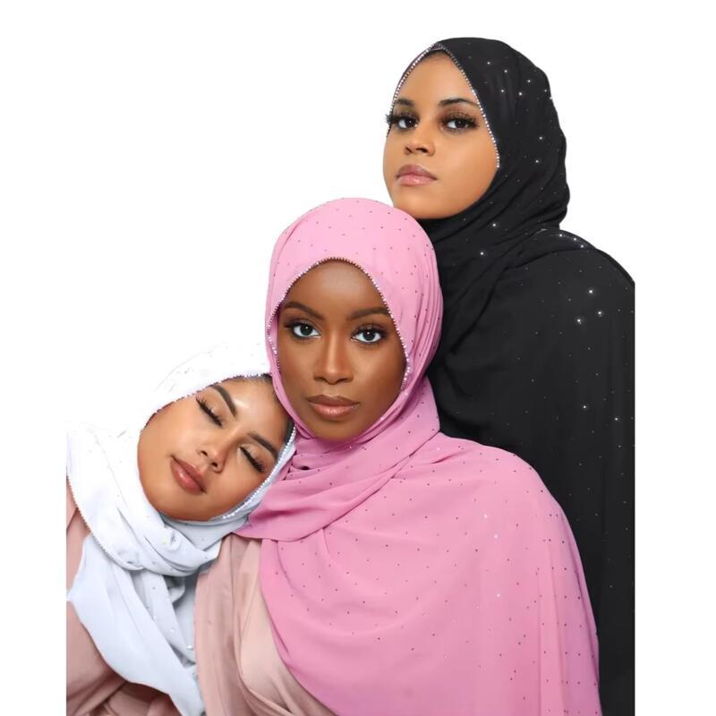 New Fashion Rhie Chain Hijab Long Chiffon Soft Scarves Shiny Stone Wraps Elegant Ece Foulard Muslim Women Scarf 1