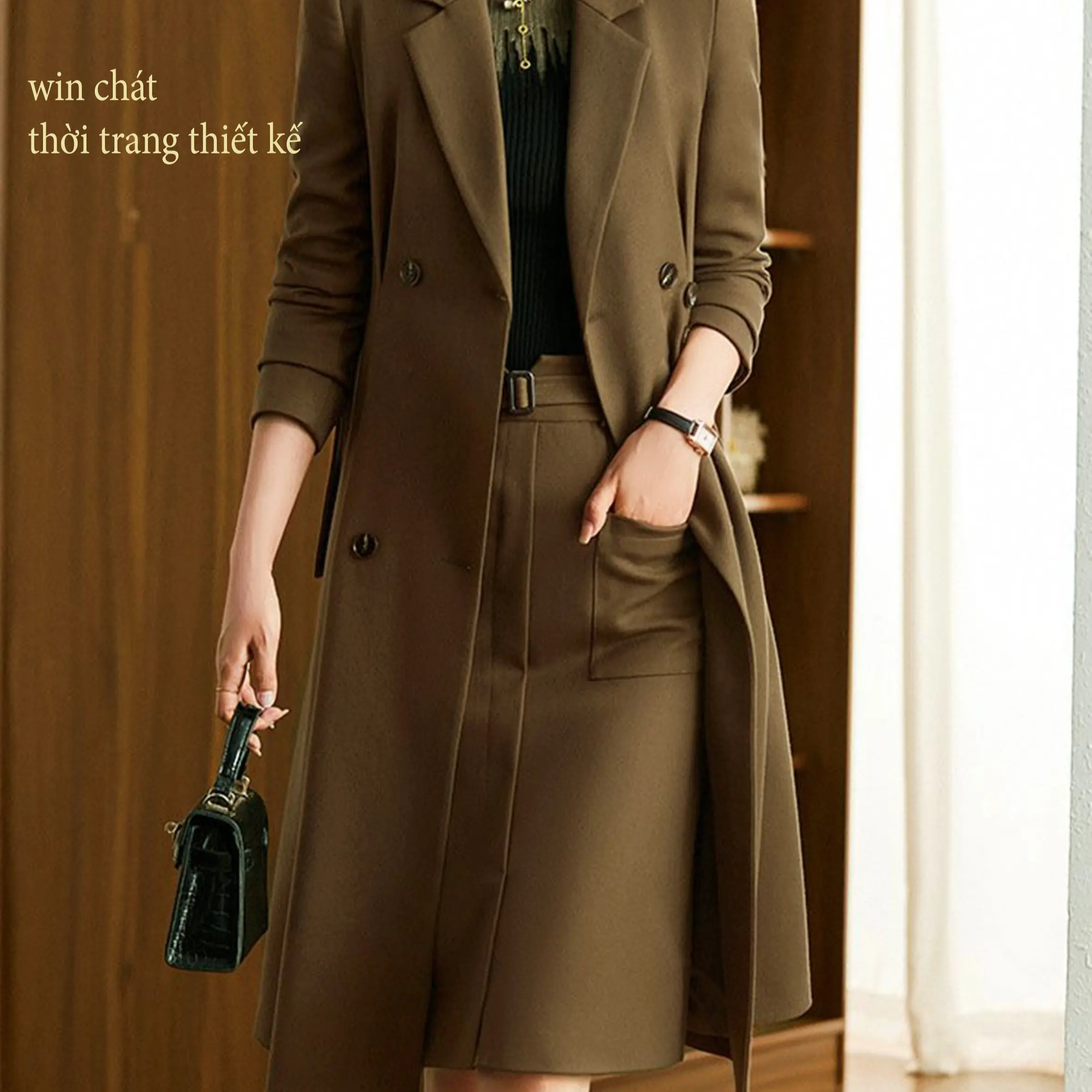 Set  măng tô nâu- áo khoác+ chân váy xu hướng 2024 Vest 4 Nữ Top áo măng tô Women Ong