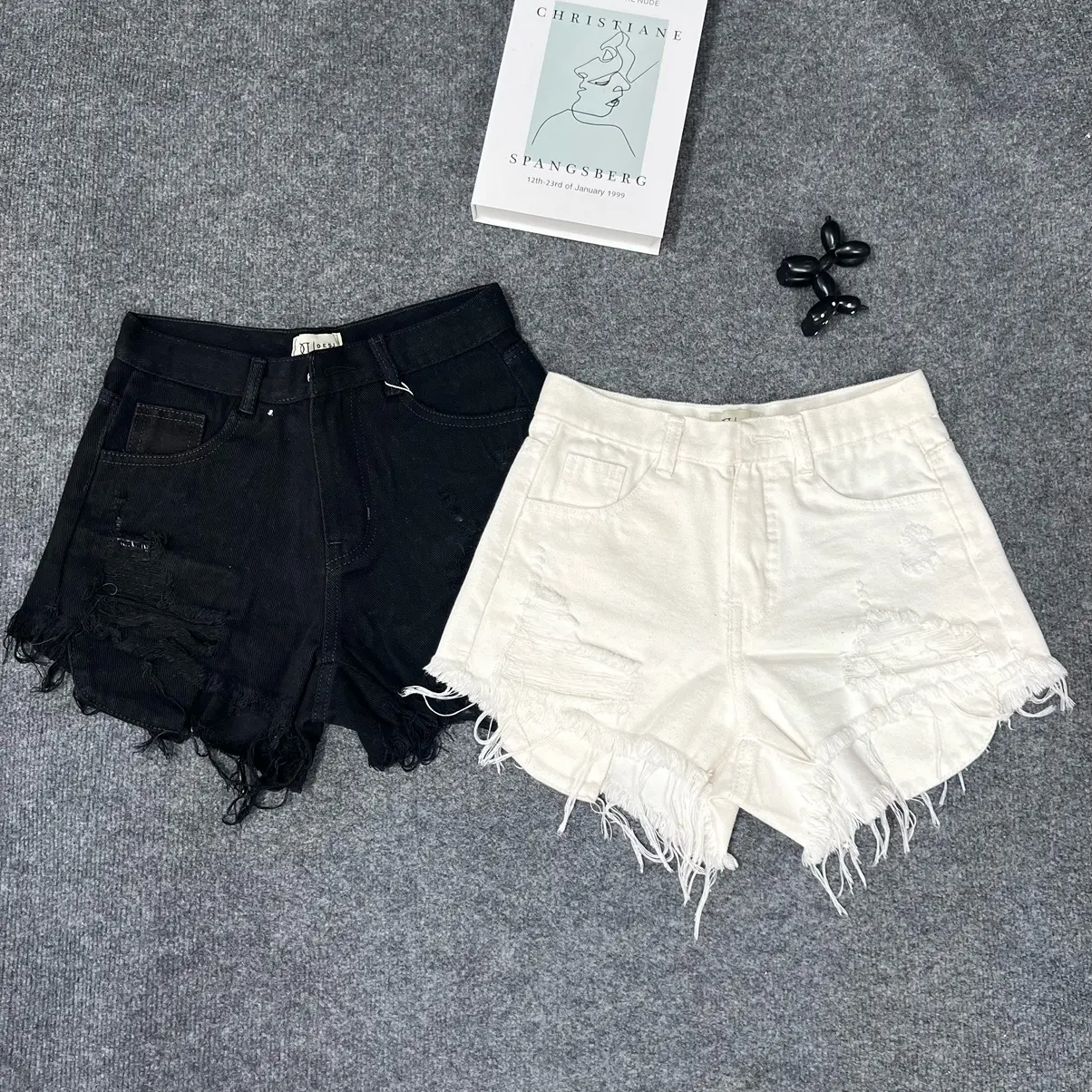 BM7 Quần Short Jean Nữ Cao Cấp , Rách Tua Lộ Túi , Hai Túi Trước Sau , Lưng Cao , Vải Nhập QC , Trắng Đen Tua Rua Women Pants
