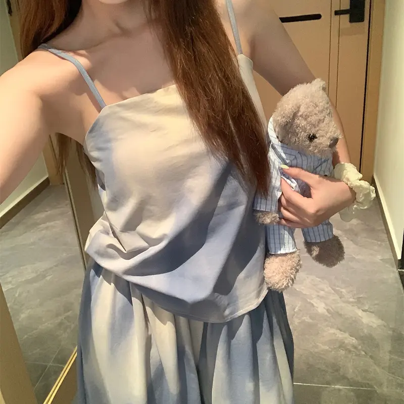Bộ Đồ Ngủ Dây Đeo Có Đệm Phong Cách Trung Quốc Cho Nữ, Bộ Sưu Tập Mùa Hè, Quần Dài Mực Cao Cấp, Thích Hợp Mặc Nhà, Hàng Mới Về Năm 2024 Cạp Cao Áo 2