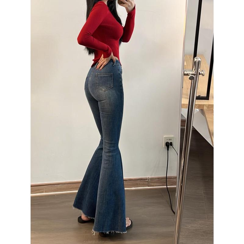 Người nổi tiếng trên Internet - Quần jean ống loe cạp cao dành cho phụ nữ, cùng phong cách, ôm vừa vặn, bodycon, Xanh da trời tối màu, đuôi cá châu Âu và Mỹ, viền sờn, thời trang