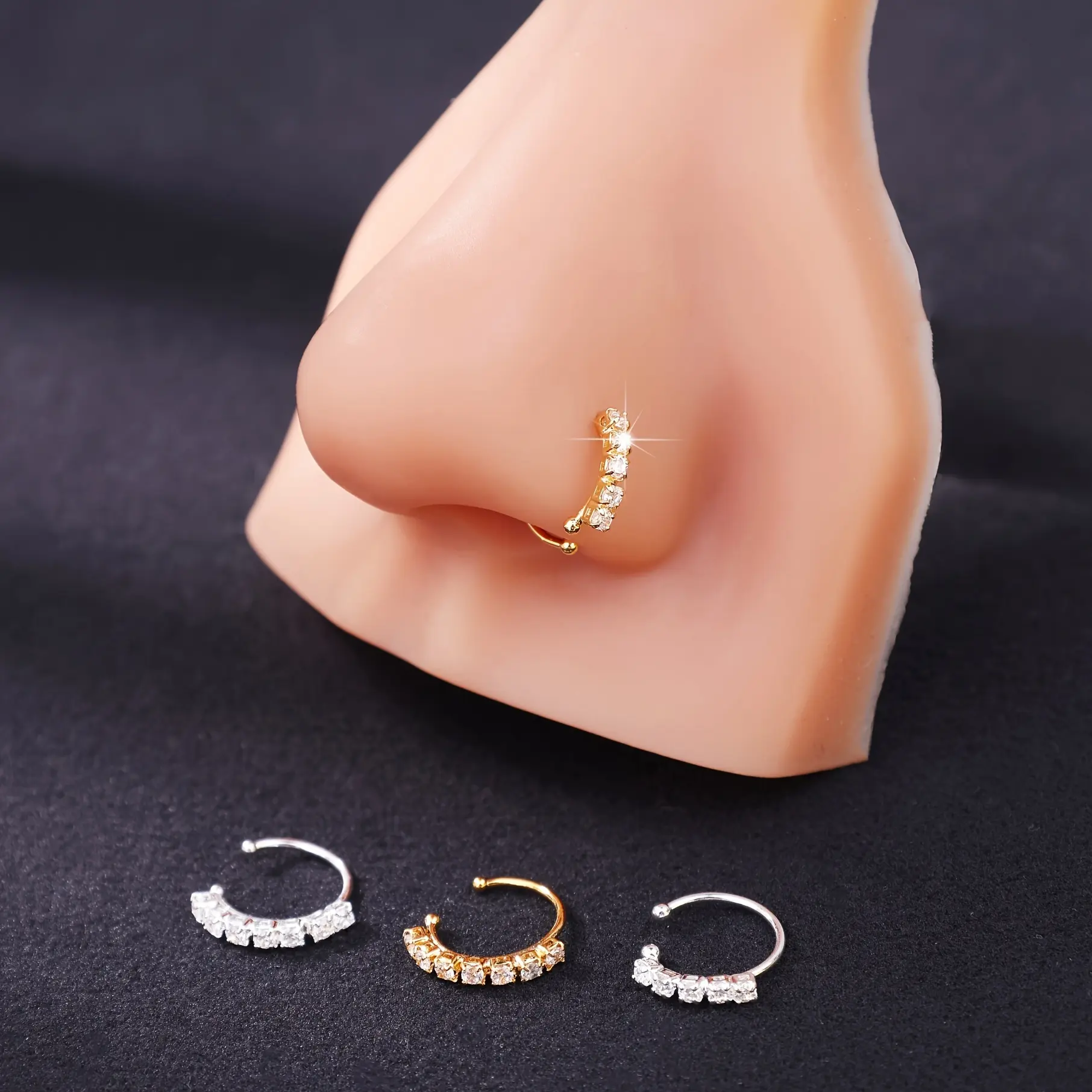 18K Golden Plated Copper Nose Rings Set for Women - 4 Pieces, 5 & 7 Cubic zirconia Stones, Cute and Simple Holiday Theme Piercing Jewelry for Daily and Gift-Giving Occasions, Synthetic zirconia Cartilage Earrings - Valentine's Day All-Season Body Jewelry