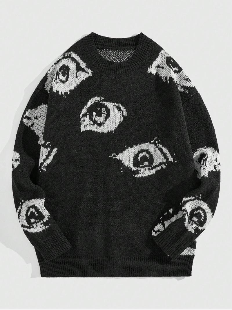 Product Introduction of Men's Star Print Jacquard Sweater, Regular Fit Casual Long Sleeve Round Neck Jumper for Fall & Winter, Fashion Men's Knitwear for Daily Wear, Tops 1