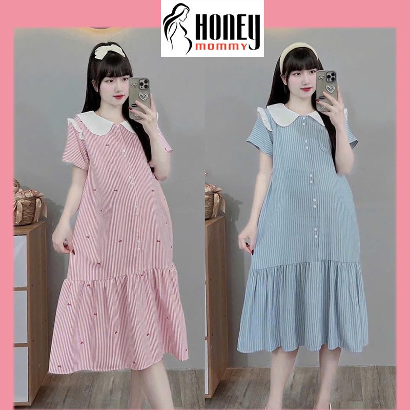 Váy Bầu Mùa Hè Đầm Bầu Tay Cộc Cổ Sen Form Rộng Vải Thô Dáng Dài Dễ Thương Mặc Đi Làm Du Lịch HD3128 Honey Mommy