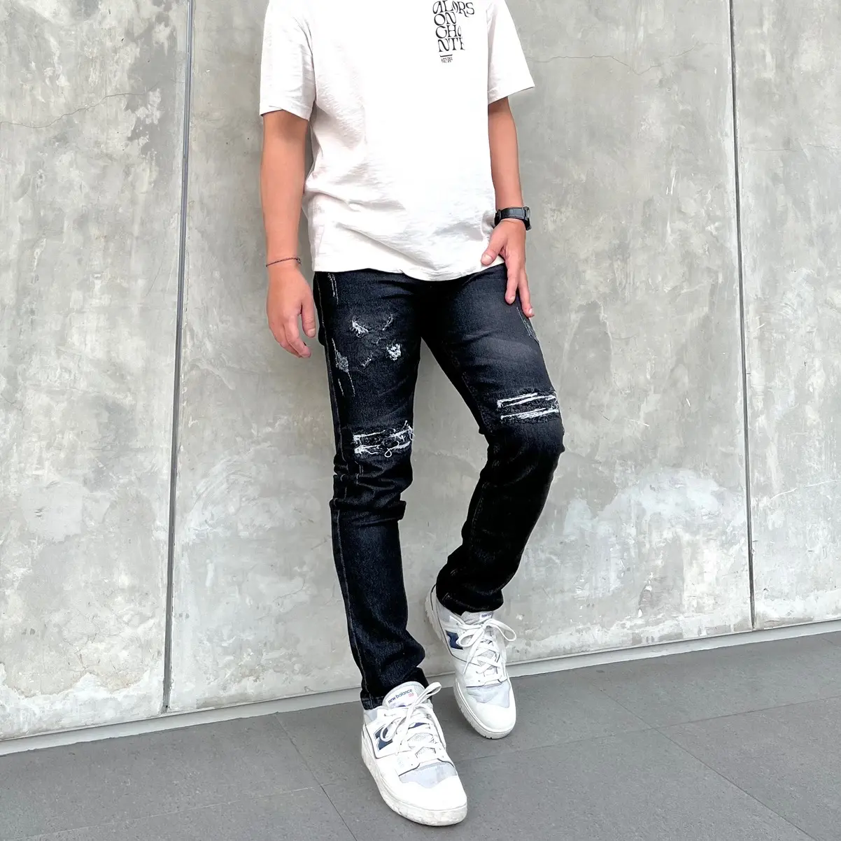 Celana jeans pria motif silang black jazz skinny slimfit series ripped exxoo Denim Stretch Panjang