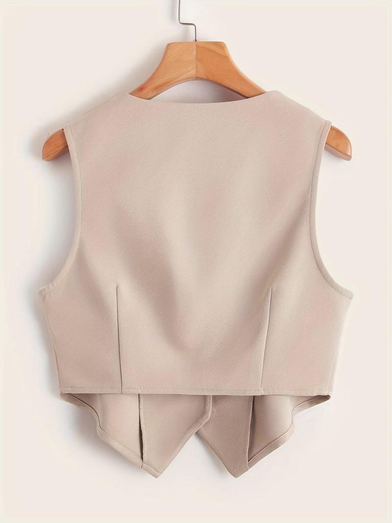 Product Introduction of Women's Solid Button Front V Neck Crop Vest Blazer, Elegant Fashion Asymmetrical Hem Sleeveless Top for Daily Outdoor Wear, Women Clothing for All Seasons 2