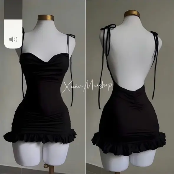 đầm bdy 2 dây bèo lai hở lưng Nữ váy đỏ