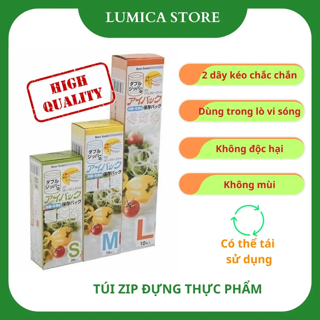 Túi zip đựng thực phẩm cao cấp 3 size SML, bảo quản thực phẩm, trữ đông, tái sử dụng nhiều lần, có thể dùng trong lò vi sóng, dai bền chống nước - Lumica