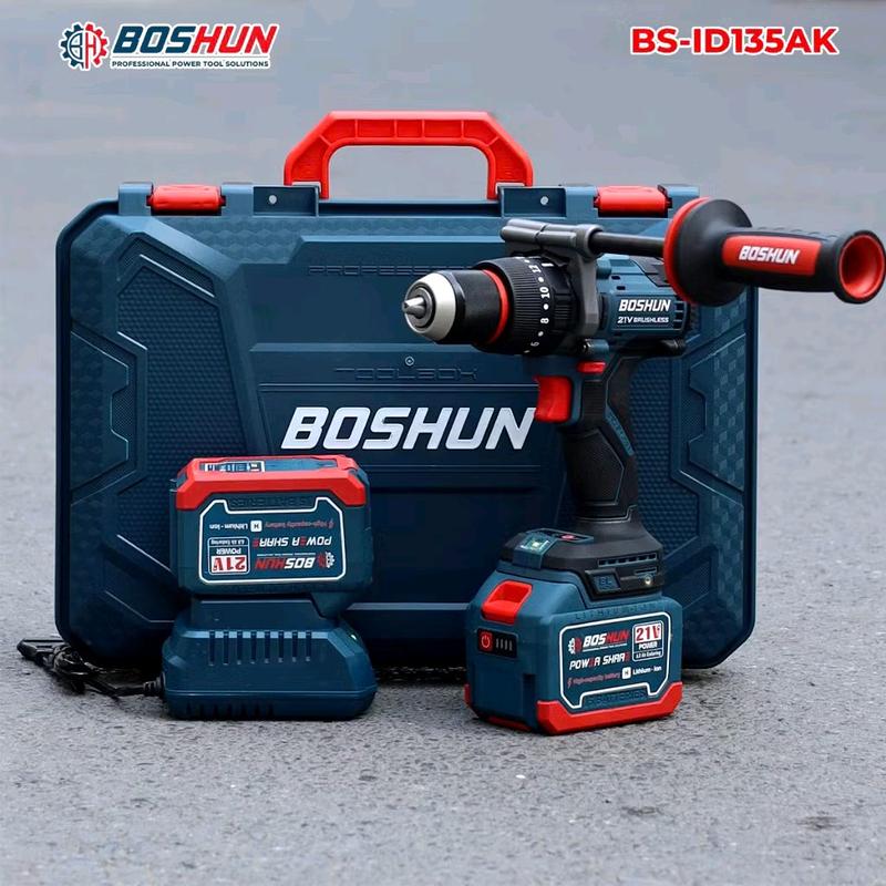 Máy khoan pin Boshun BS-ID135AK 3 chức năng lực siết 135Nm, động cơ không chổi than, đầu kẹp 13mm, bộ 2pin 15cell rut siet bulong makita