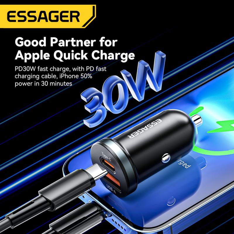Bộ sạc ô tô mini USB A Type-C, Essager PD30W, Sạc nhanh, Sạc nhanh, Tương thích với iPhone, Huawei, Samsung, Type C PD QC 3.0, Thích hợp cho điện thoại di động, SUV, Bộ sạc ô tô 2