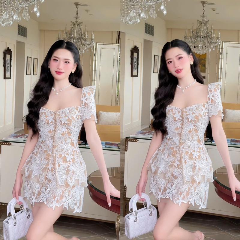 SE02 Set áo mix chân váy chữ A ren hoa thanh lịch HABII [CÓ BIGSIZE] 0