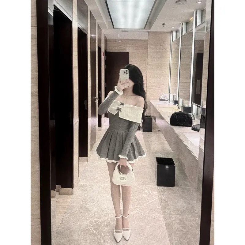 Đầm Tăm Đũa Trễ Vai Bèo Khâu Nơ Tay Dài Viền Bèo Dáng Ngắn Xoè 4G130080 Nữ Women Dress Voan Voi