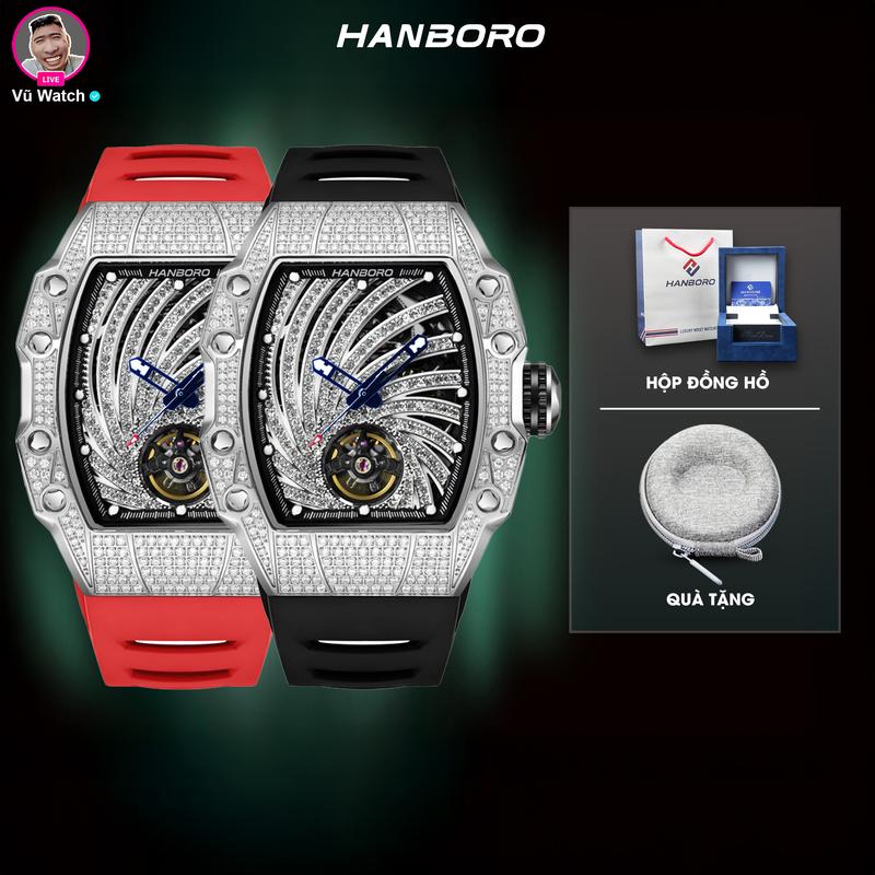 Đồng Hồ HANBORO 9011 Nam chính hãng [5052] Họa Tiết Lốc Xoáy Đính Đá 40x48mm | Tặng kèm bóp đựng động hồ