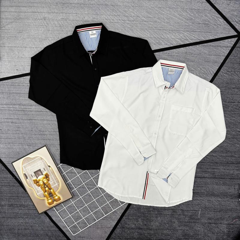 Áo sơ mi tay dài hai màu đen trắng hai lớp phối cổ sọc chất lụa mango mềm mịn đường may chi tiết tỉ mỉ TSS