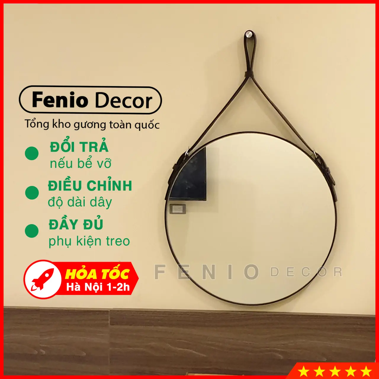 Gương treo tường 60cm Gương tròn viền dây da treo trang điểm - 4 MÀU SẮC đẹp để trang trí decor phòng ngủ phòng khác nhà tắm