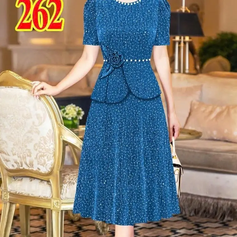 Mã262 Thun Kim Sa Co Giãn. Đầm Trung Niên Hàng Thiết Kế Giá Rẻ