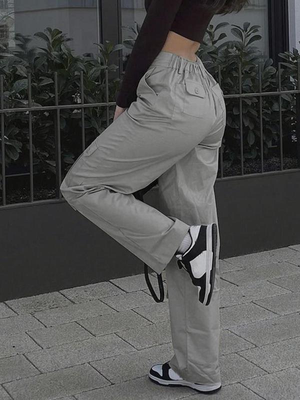 Women's Plain High Waist Flap Pocket Cargo Pants, Y2K Casual Street Basic Minimalist Comfort Straight Leg Trousers for Spring & Fall, Lady Bottoms for Daily Wear, Womenswear 8