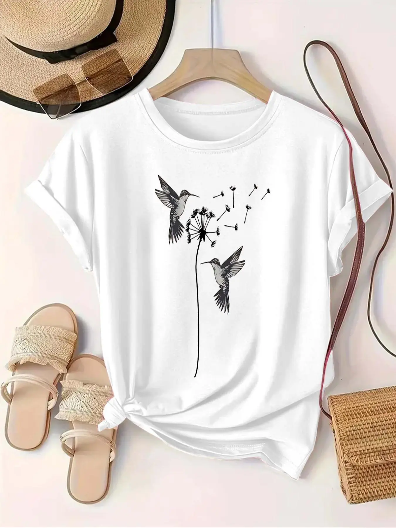 【Plus Size】 Bird & Dandelion Print Round Neck Tee, Casual Short Sleeve Crew Neck T-shirt for Summer Spring, Women's Plus Clothing for Daily Wear
