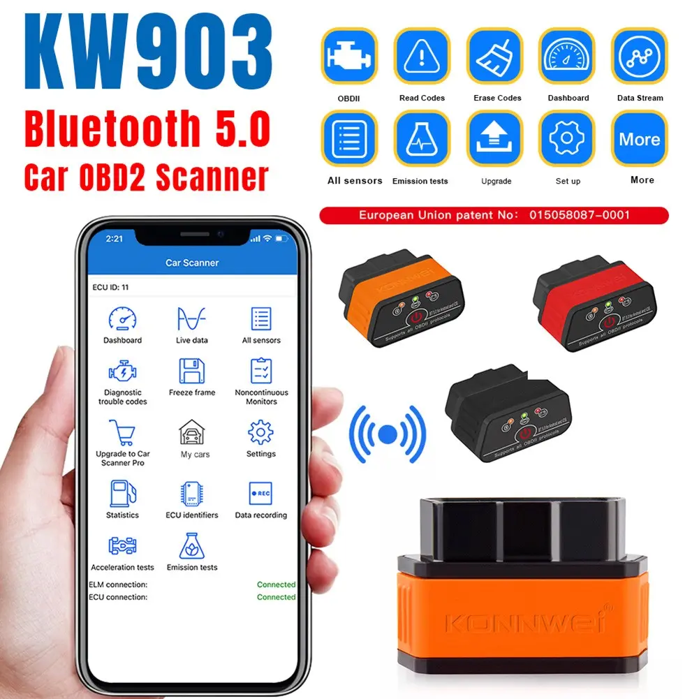 KW903 OBD2 Car Code Reader Scanner for ELM327 Bluetooth - Compatible with Android & iOS - Real-Time Data Monitoring - Compact Design - 2-Year Assurance - Automotive Diagnostic Tool for Engine Performance