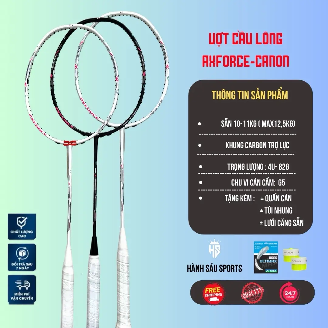 Vợt cầu lông  Axforce Canon  zeq full các bon tặng 1sợi cước căng sẵn + 1bao vợt và 2 cuốn cán ( Bảo hành 30 ngày ) Sport Cacbon Carbon