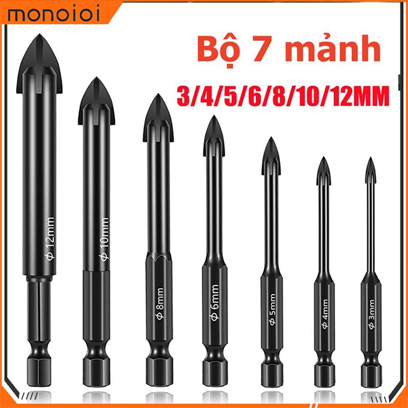 Monqiqi Bộ 7 mũi khoan đa năng chân lục giác 4 cạnh thép đen Nhật, khoan sắt, khoan kính thủy tinh, gạch men đá gốm