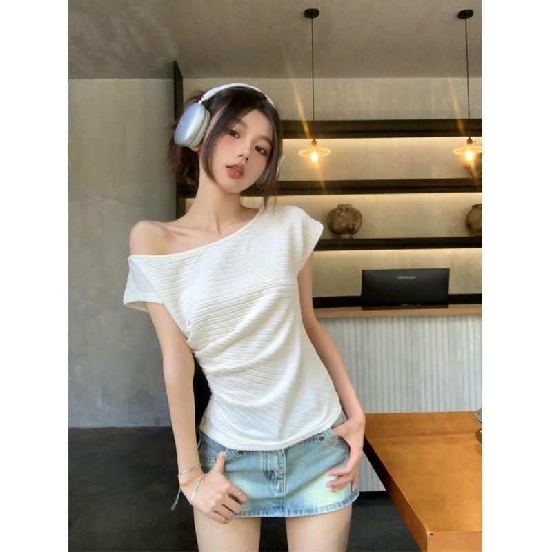 Áo thun lệch vai tay ngắn Forgirlstudio áo phông dáng vừa chất liệu xốp nhăn T006 áo  thun