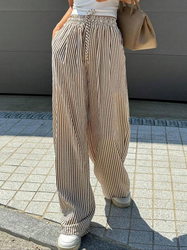 Women's Striped Print Drawstring Waist Wide Leg Pants, Casual Pocket Trousers for Summer, Women's Bottoms for Daily Wear, Trousers for Women 6