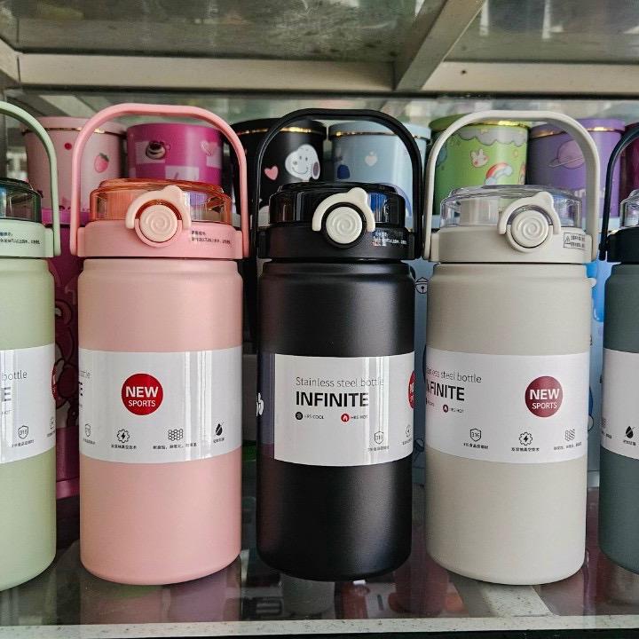 Bình Giữ Nhiệt 1200ml,1000ml,800ml Giữ Nhiệt 6-8 tiếng inox 304 Có Quai Xách Kèm Ống Hút tặng miếng dán 2D + stickerS 0