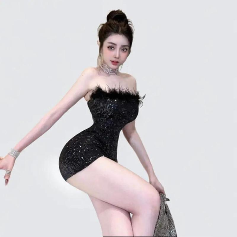 [có ảnh feedback] Đầm body nữ lông vũ lấp lánh dự tiệc - cà phê - tiệc tùng - checkin sang chảnh Women Dress. Đủ size XS/S/M/L/XL. váy body kim tuyến 6