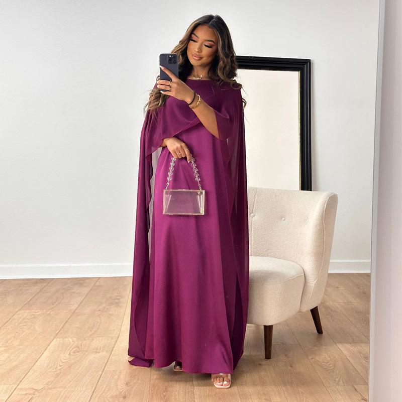 Product Introduction of Muslim women's round neck, loose and large hem Middle Eastern robe chiffon dress 5
