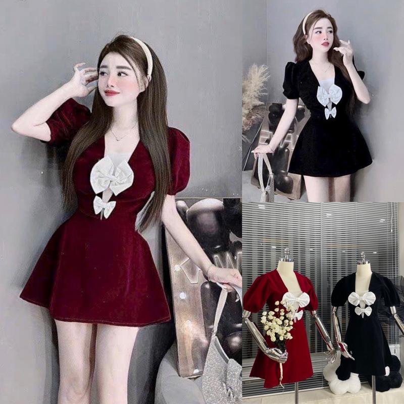 Đầm nhung tay phồng đính nơ hở ngực cổ V dáng ngắn Đầm đi chơi noel Đồ Tết Bigsize KIm Ngân từ 50kg đến 100kg M/L/XL/XXL