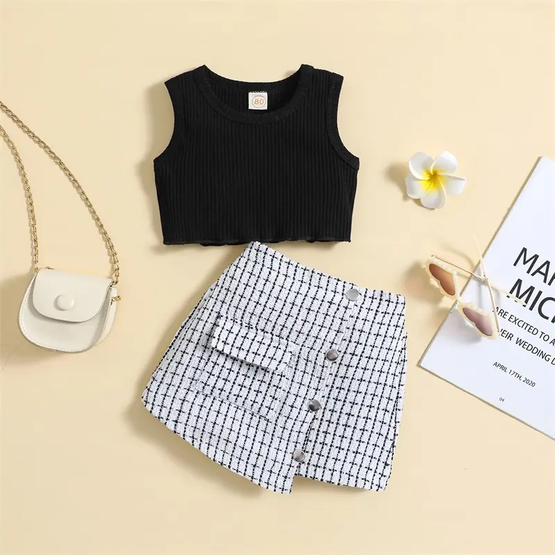 0-4Y Kids Girls Summer Clothes Sets Baby Soft Solid Color Sleeveless Vest Tops + Irregular Plaid Skirts Toddler Fashion Outfits