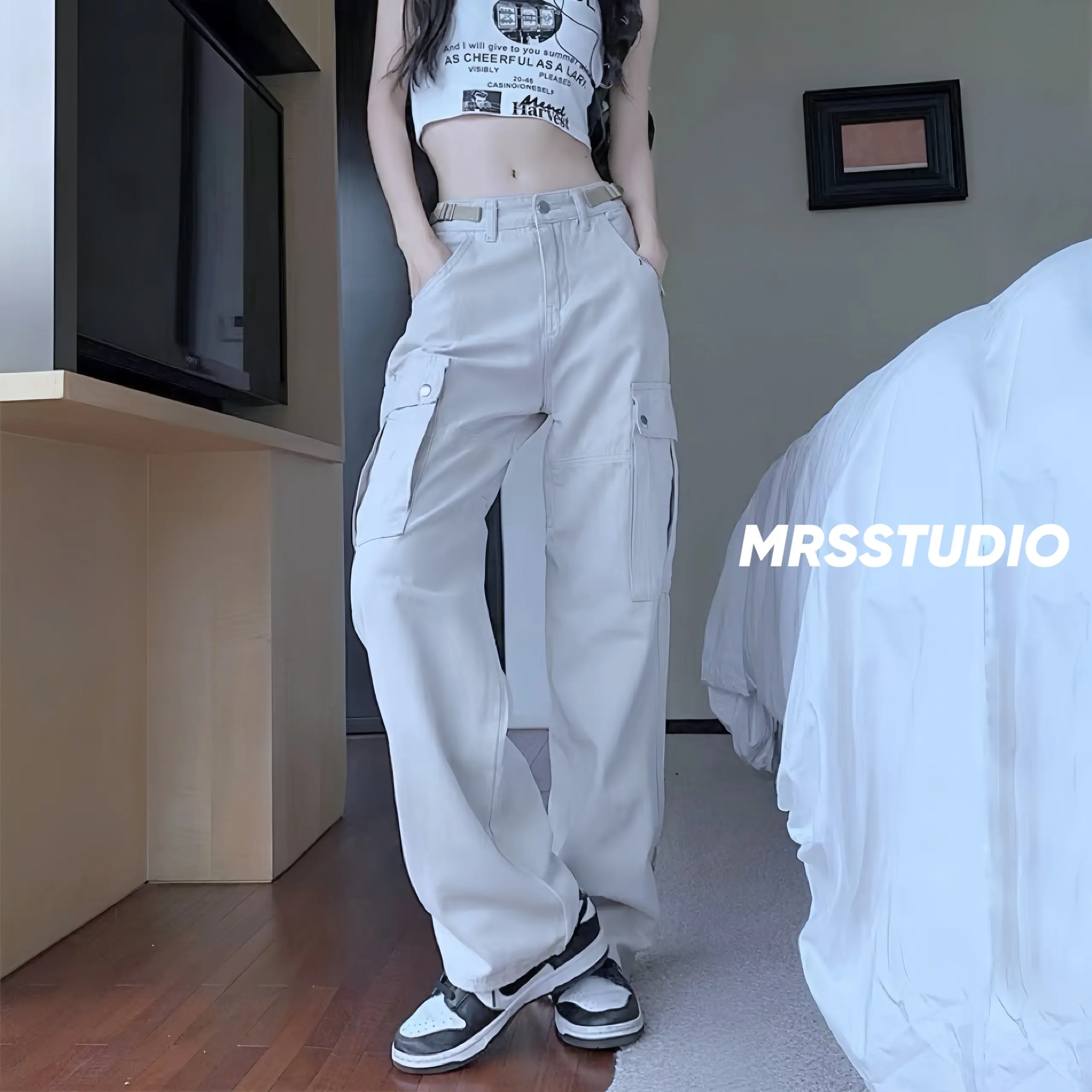 Quần Túi hộp chỉnh eo MRS vừa với các vòng eo Pants Nữ Đen