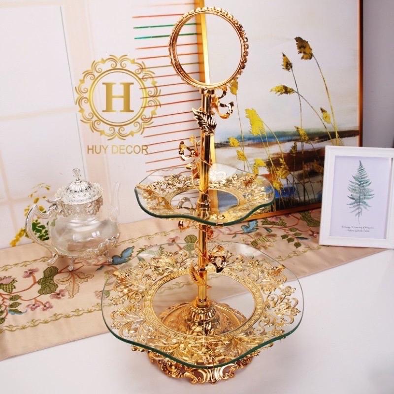 Khay bánh kẹo hoa quả 2 tầng ,Đĩa 2 tầng đựng bánh kẹo khung hợp kim đĩa thuỷ tinh trang trí Huydecor Đứng Kim loại Điều chỉnh được Giá đựng đĩa 2 lớp