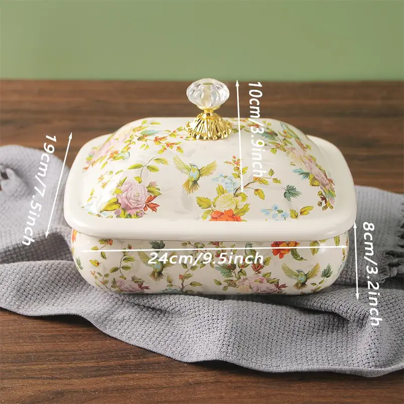 Vintage Floral Pattern Enamel Bread Box, Enamel Butter Dish with Lid, Salad Preserving Container for Kitchen Canteen, Summer Gift 1